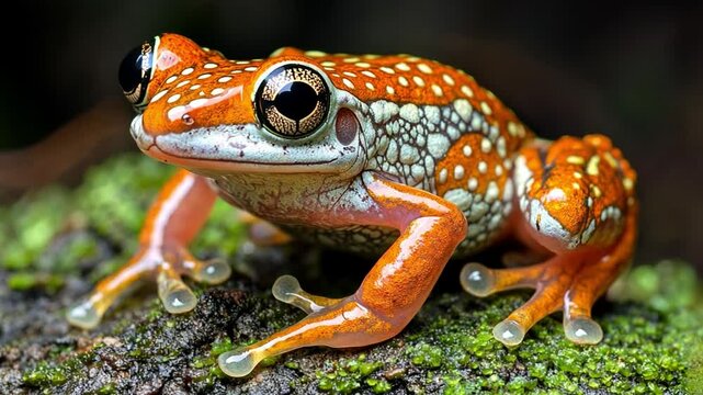 Ornate Frog on Mossy Stone: A vibrantly colored ornate frog, covered in intricate patterns and textures, perches serenely on a moss-covered stone in its natural habitat.