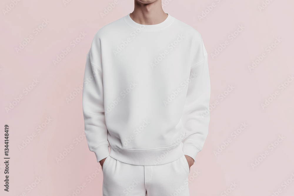 Poster mockup of a plain white sweater displayed on a model against a soft pink background in a minimalist 