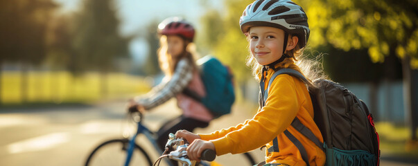 Children with backpacks riding by bicycle from school together. Education concept.