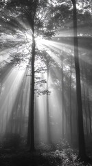 Naklejka premium Sunbeams through misty forest.