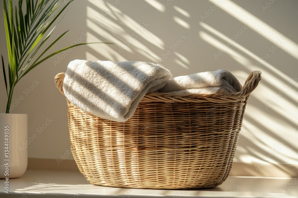 Poster wicker hamper filled with neatly folded towels in serene indoor setting during daylight hours