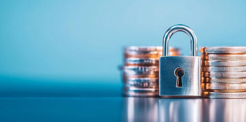 A metallic padlock secured on a reflective surface stands prominently in front of neatly stacked coins. This setup highlights the importance of privacy and security in banking practices.