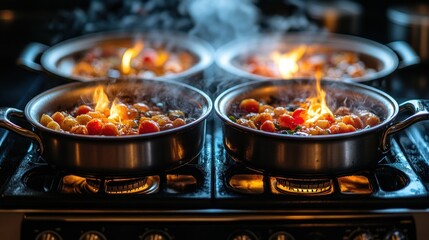 Flaming food cooking in four pots on a stove.