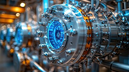 Industrial equipment showing complex engineering and blue light. Ai generated