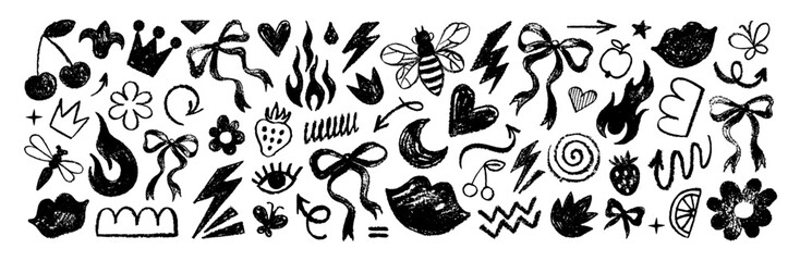 Punk girl doodle grafitti. Bow girly tattoo. Cute crayon heart, cherry, bow. Rock star vintage grunge vector. Punk tattoo icon set. Sketch scribble shape. Chalk ribbon flower kiss. Retro crayon y2k bg