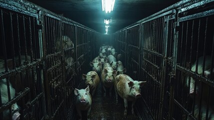 Pigs walking in intensive pig farming corridor: industrial agriculture concerns. Ai generated