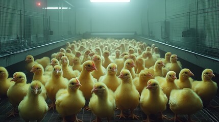 Many baby chickens living in a macro farm. Ai generated