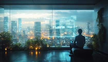 Business Professional Using Holographic Interface for Global Data Visualization in Modern Office Setting