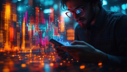 Business Professional Analyzing Financial Data on Smartphone with Holographic Charts in Modern Office Environment