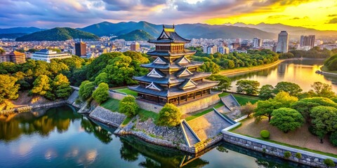 Obraz premium Majestic Hiroshima Castle: Aerial View of a Historic Japanese Samurai Fortress