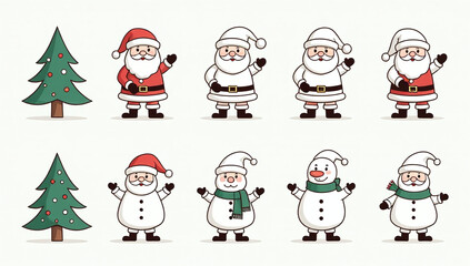 christmas icons line style featuring trees santas festive symbols modern flat illustrations minimalist