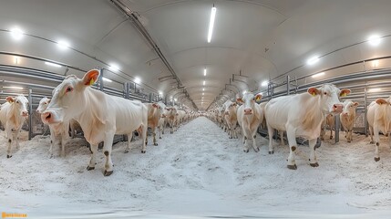 Cows standing in a large modern barn, panoramic view of high-capacity milking parlor. Ai generated
