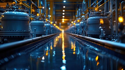 Obraz premium Industrial water treatment plant with filtration tanks and pipes reflecting in water. Ai generated