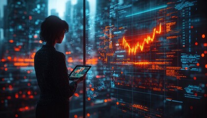 Business professional analyzing stock market trends with digital tablet in modern office wearing blue checkered shirt