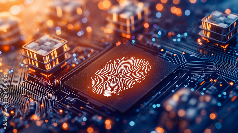 Poster close up view of circuit board featuring fingerprint design at its center, symbolizing security and 