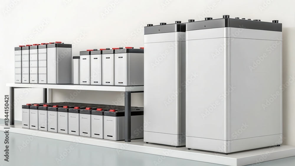 Poster a modern display of various battery types arranged neatly on shelves in a clean, minimalist setting.