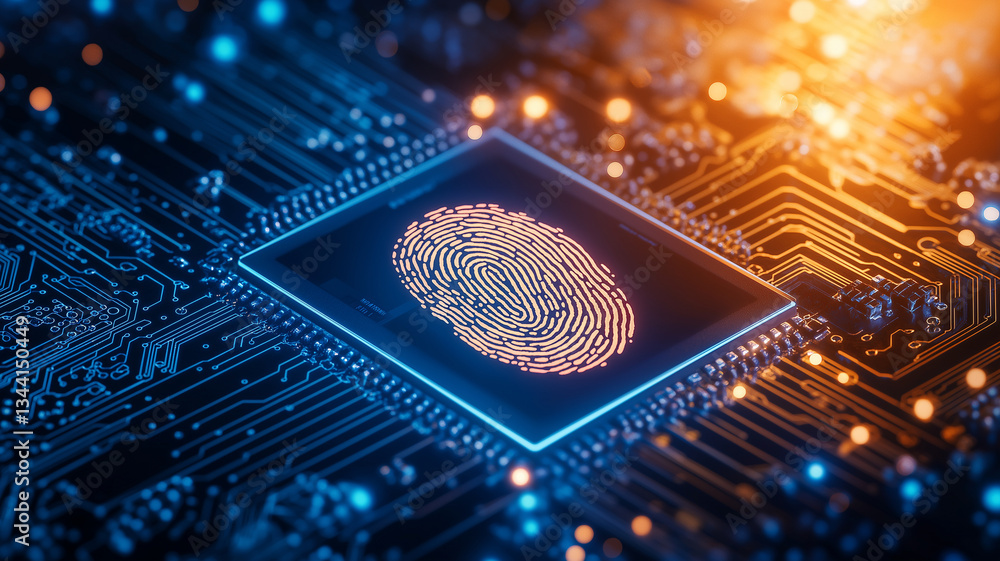 Poster futuristic biometric fingerprint scan on microchip, showcasing advanced technology and digital secur