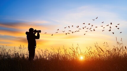 Photographer Silhouetted Against a Vibrant Sunset, Capturing a Flocking of Birds in Flight