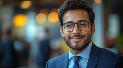 Fototapeta premium Portrait of a smiling young businessman in a suit and glasses.