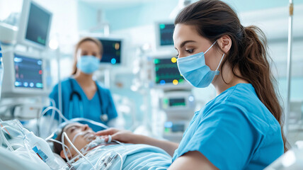 dedicated female nurse in scrubs is attentively monitoring patient in intensive care unit, showcasing compassion and professionalism in high tech medical environment