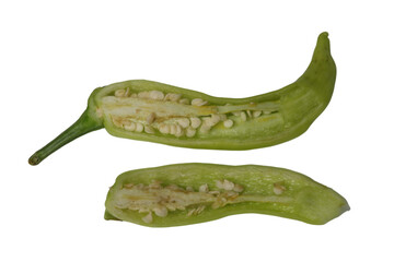 isolated transparent Background. Sliced green chili pepper with seeds exposed, showcasing its fresh and spicy texture