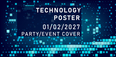 Digital-styled vector illustration features scattered blue pixels against a dark backdrop, cover or poster template for a technology-themed event.