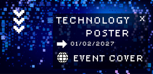 Obraz premium Vector illustration with scattered blue pixels on a dark background. Technology-themed poster or cover for an event.