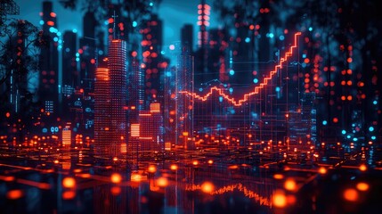 Futuristic cityscape with glowing data visualizations and financial graphs