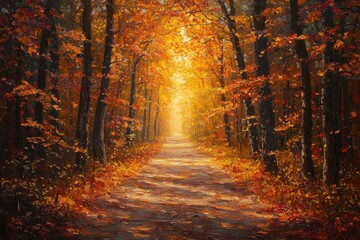 Golden Autumn Forest Path.