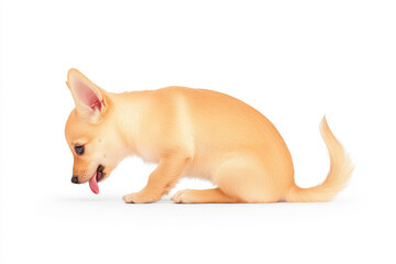 Chihuahua puppy sitting with tongue out, looking downward with curious expression and ears raised on an isolated white background