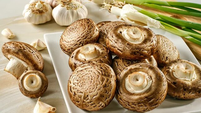 Fresh cremini mushrooms with garlic and green onions, symbolizing healthy eating, natural ingredients, cooking. Perfect for culinary themes, vegan or vegetarian recipes, and organic food concepts