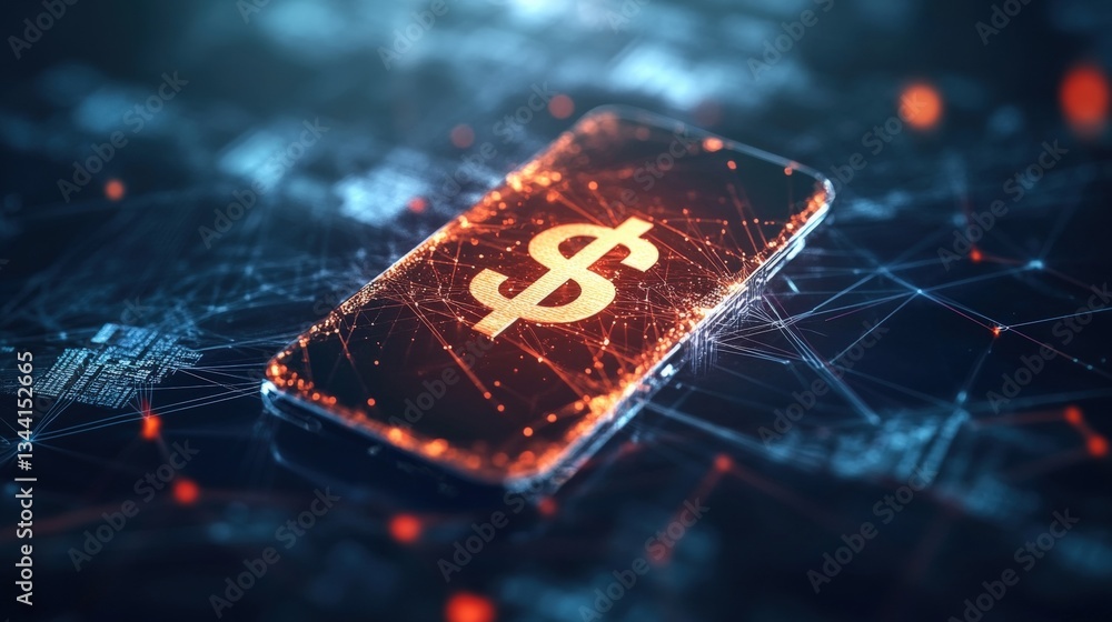 Aufkleber a glowing dollar sign displayed on a smartphone screen surrounded by intricate network connections s