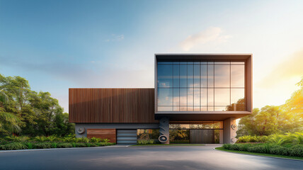 Obraz premium Modern house with wood and glass exterior, showcasing sleek design and large windows. structure is surrounded by lush greenery, creating serene atmosphere
