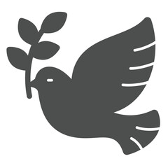 Pigeon bird with leaf solid icon, peace concept. Vector graphics. Dove bird with bunch of leaves sign on white background, glyph style icon for mobile or web design.