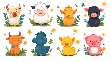 Adorable cartoon farm animals set.