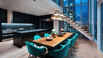 Obraz premium Dark high tech attic loft kitchen, black walls, oversized reclaimed wood dining table, bold turquoise chairs, glass partitions, metal pendant lights