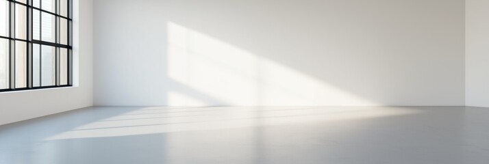 Fototapeta premium A large, empty room with a window that lets in sunlight. The room is bare and uncluttered, with no furniture or decorations. The sunlight streaming in through the window creates a warm