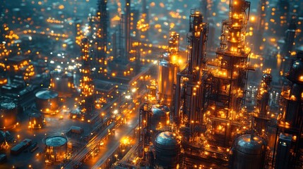Night view of an illuminated industrial refinery complex.
