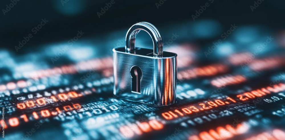 Poster A metallic lock stands prominently on a backdrop of blurred binary code. The scene highlights the importance of security and privacy in digital banking, emphasizing safe transactions.
