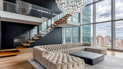 Deep style two story attic loft living room, anthracite walls, oversized sand tone tufted sofa, futuristic chandelier, floating glass staircase