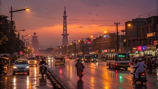 "A vibrant evening scene of Lahore city roads filled with bustling traffic — motorbikes, rickshaws, cars, and buses, under colorful street lights and glowing shop signs. The sky has a warm orange-purp