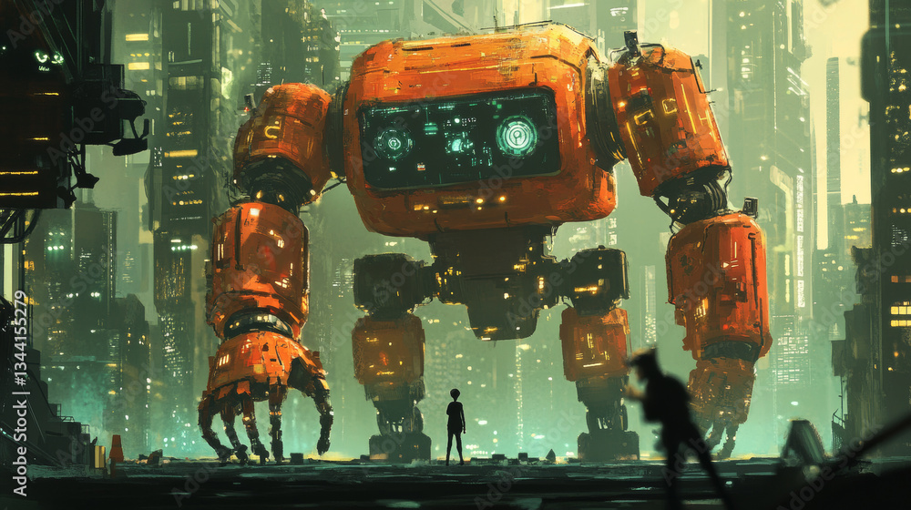 Poster artificial intelligence (ai) machine learning, robot and human hands touching on big data network co