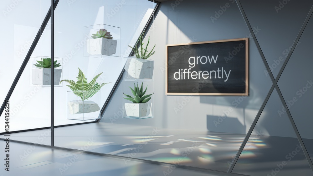 Poster modern interior with floating plant pots and a chalkboard displaying the text grow differently in a 