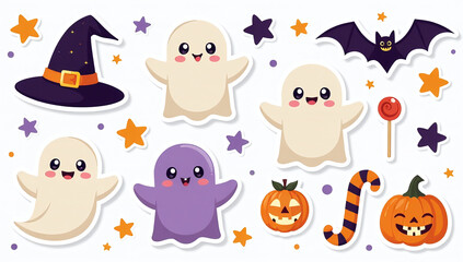 cute halloween elements include hat ghosts bats candy spooky items perfect stickers illustrations parties