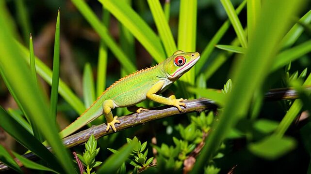 Vibrant Green Lizard with Red Accents Perched on Branch Amid Lush Green Foliage
