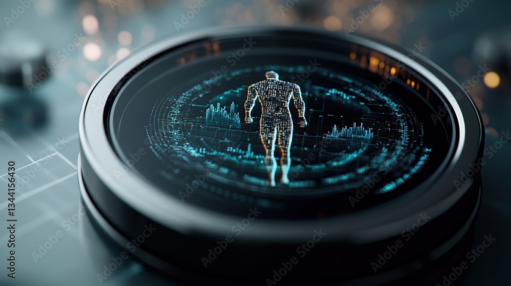 Poster circular futuristic biometric device featu translucent wireframe human figure with dynamic data visu