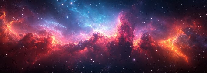 Naklejka premium Vibrant Cosmic Nebula with Glowing Purple Blue Red Stars in Space Fantasy