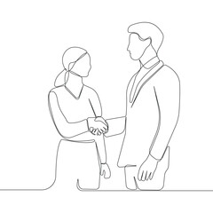 Business partners shaking hands one-line art drawing isolated on white background. Vector illustration.	