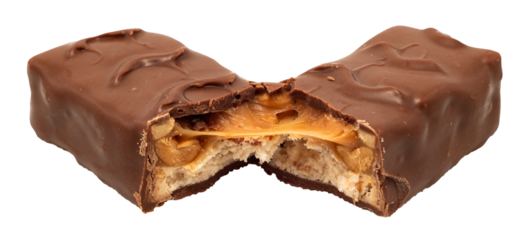 Bar with peanuts, hazelnuts, caramel and chocolate on a white background. View from above. Nut bar isolate. Sugar