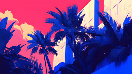 Vibrant blue palm trees against a bold pink and yellow sky, framing a modern building.  A striking summer scene, perfect for tropical or artistic projects.